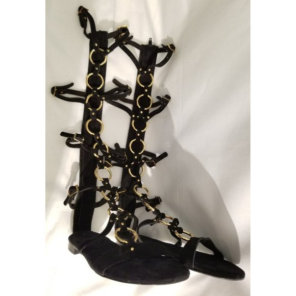Free People Road Trip Tall Gladiator Sandals Luxe Black Suede Gold Links Size 37 - Picture 2 of 6